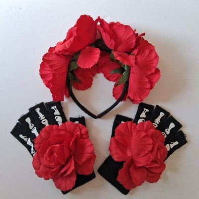 Day of the Dead Red Rose Floral Headband & Skeleton Gloves Costume Set