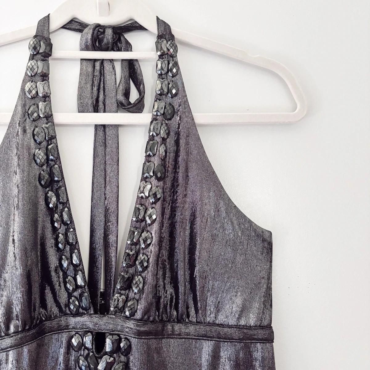 VTG y2K Express Women's Black Satin Halter Top Beaded Trim Tie Neck Size S