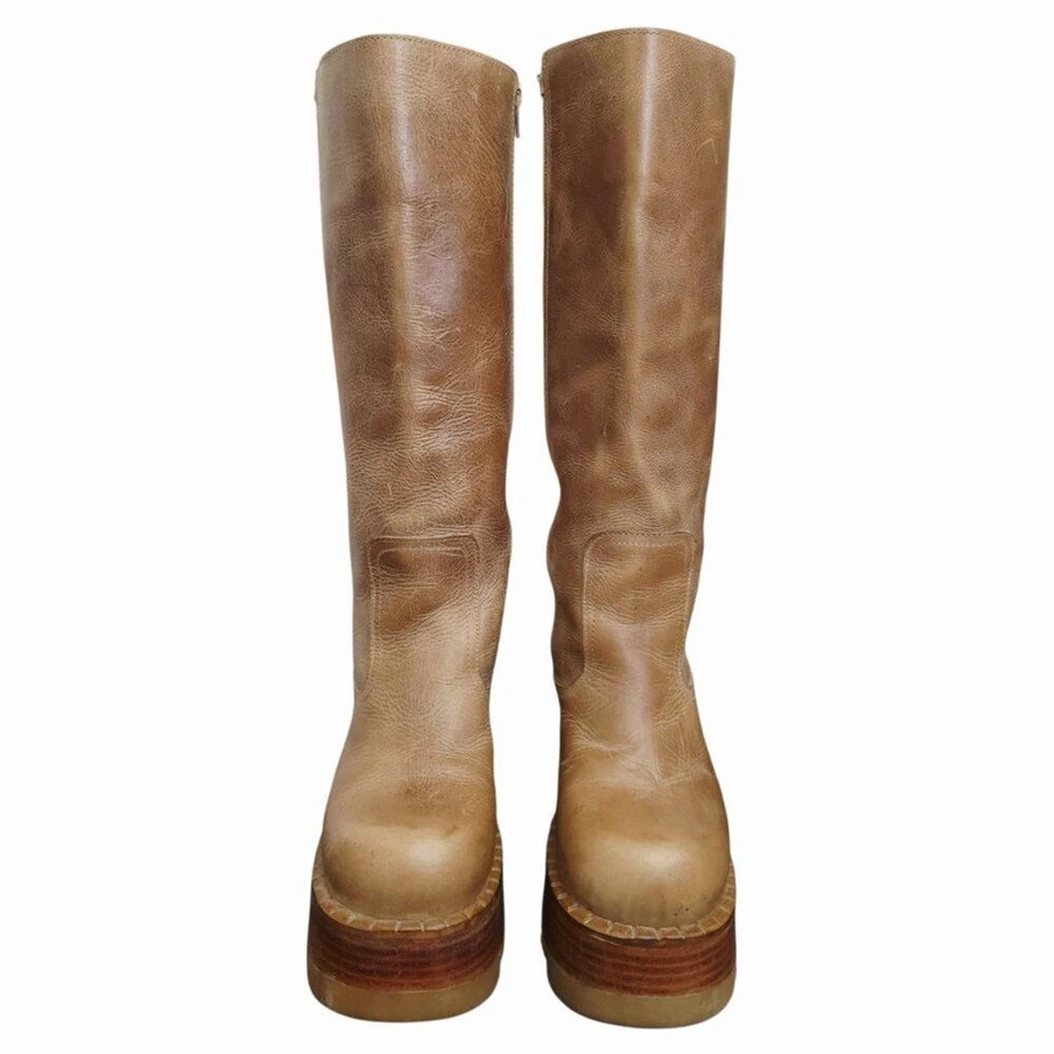 Destroy Vintage 90s Tan Leather Chunky Platform Knee High Boots 37 - Image 2 of 4