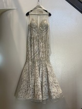 Terani Couture Embroidered Beaded Mermaid Gown Ivory Beige Size 16