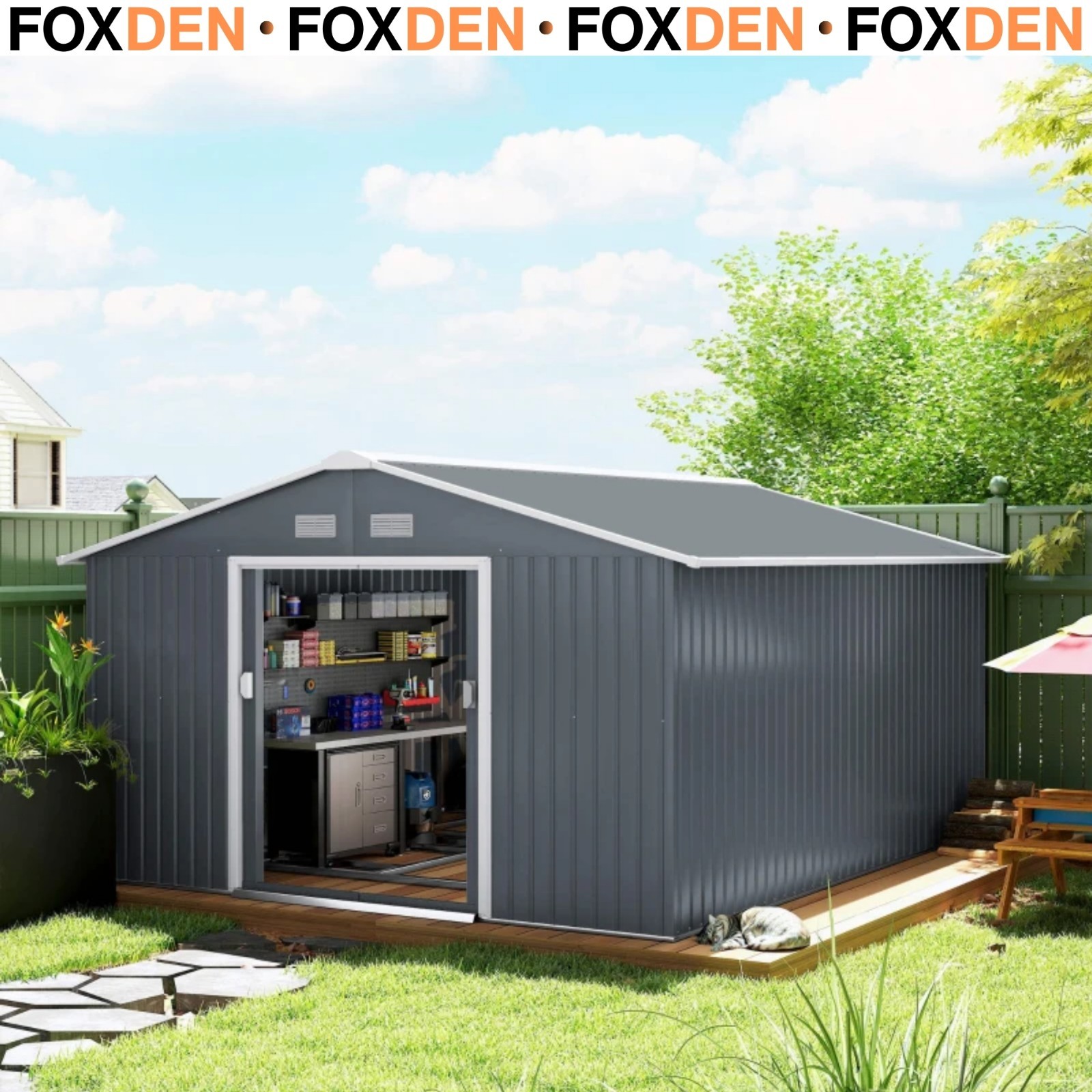 13 x 11 ft Metal Garden Storage Shed with Foundation Kit and Vents, Grey - Image 5