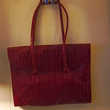 Red Imitation Croc Embossed Tote Bag, Snap Closure, Black Lined, Silver Hardware