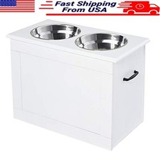 Elevated Pet Feeding Station W/ Storage 2 Stainless Steel Bowls Large Dogs New