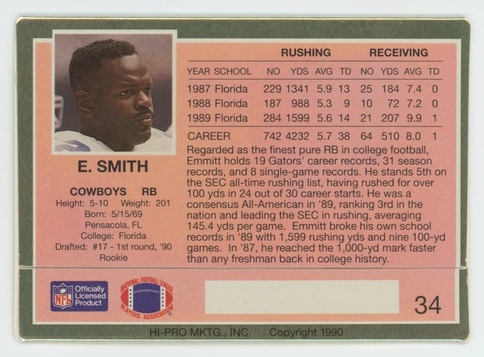 1990 Action Packed Rookie Update Emmitt Smith Dallas Cowboys #34 C36 - Image 2 of 2