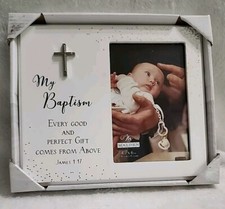 Malden Baptism Photo Frame With Silver Cross Attached And Silver Confetti. New