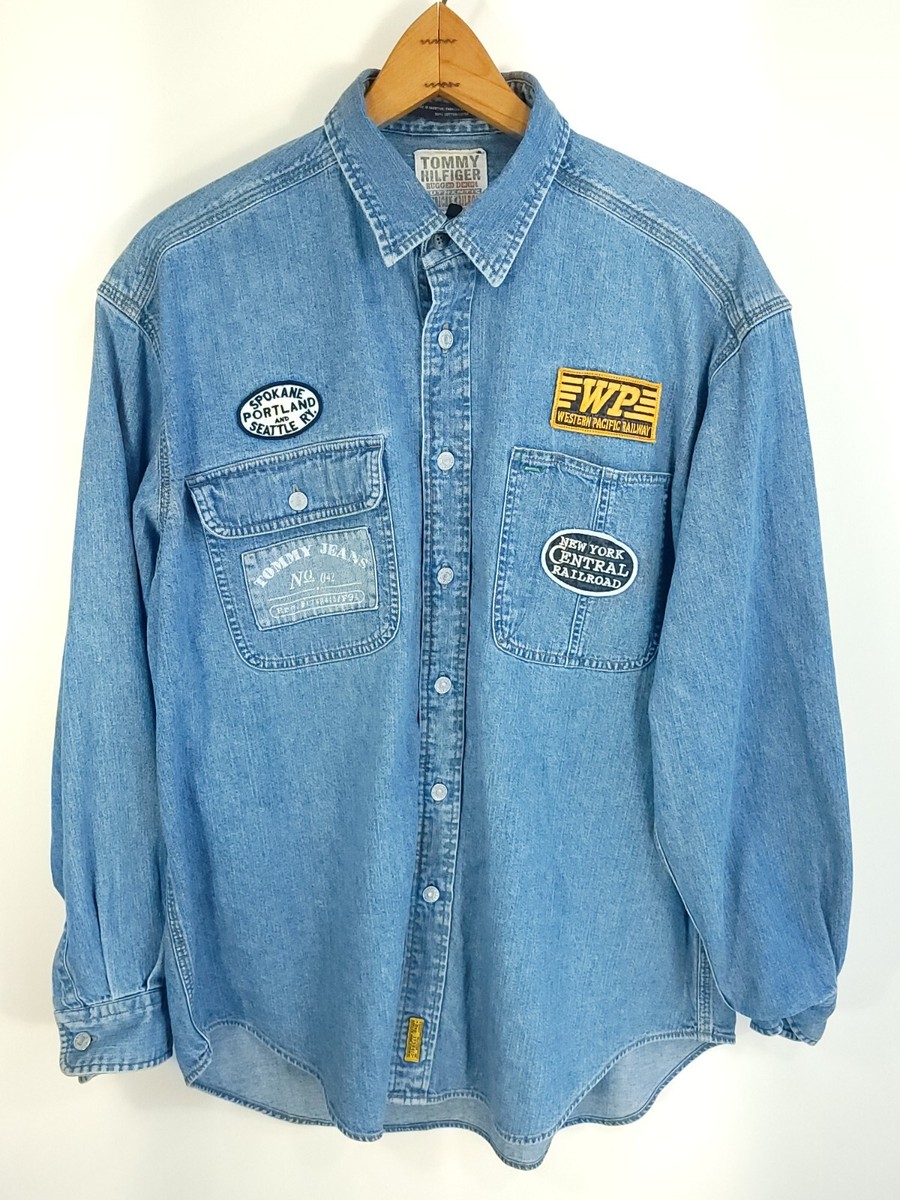 Tommy Hilfiger Shirt Mens M Blue Denim American Railroad Button Front  Distressed
