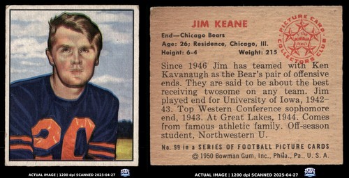 1950 Bowman #99 JIM KEANE Chicago Bears RC EX-MT - Picture 3 of 3