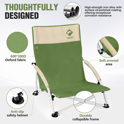 VILLEY Beach Camping Chair Green Cross-Legged Low Chair Foldable with Carry Bag