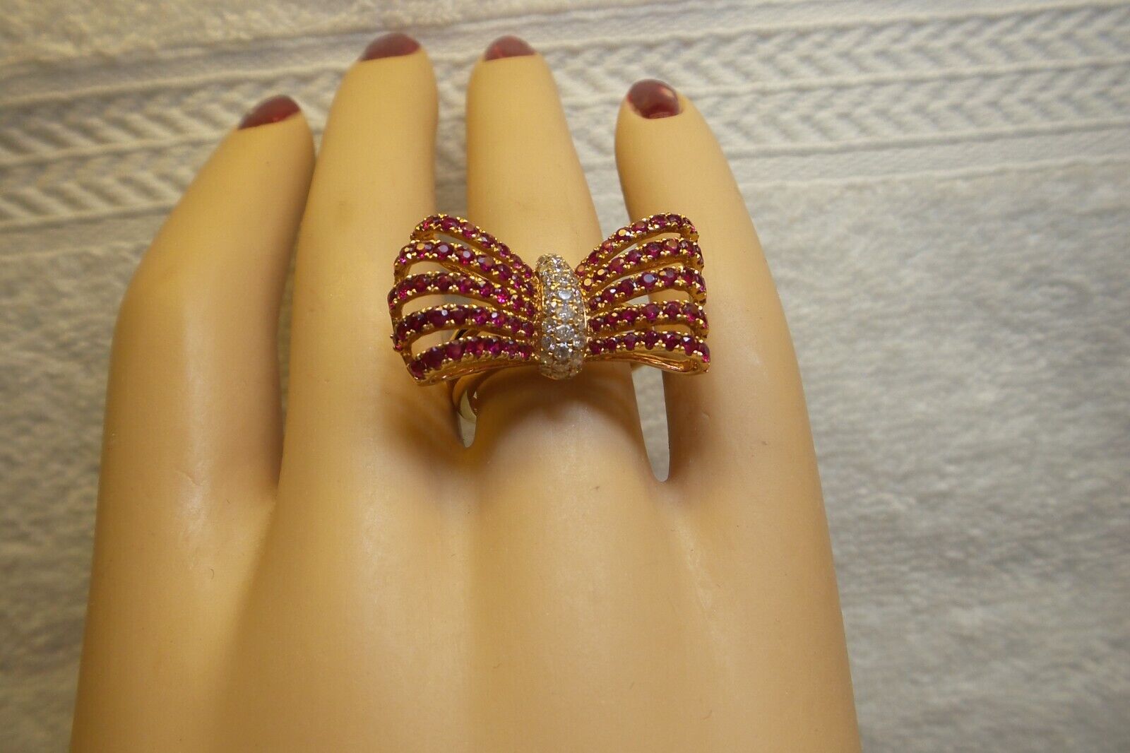 Bow Motif Solid 18kt Rose Gold Fine Rubies and Di… - image 3