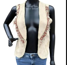 Women's Native Western American Cowhide Leather Bone Studded Fringe Vest