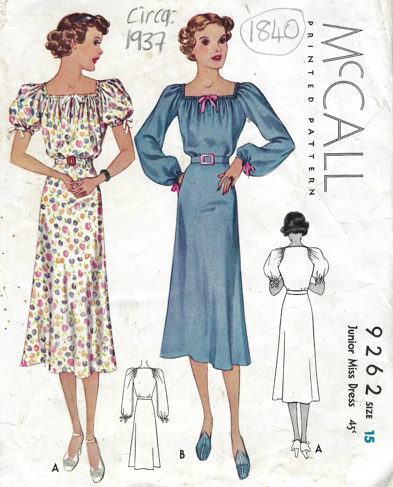 1937 Vintage Sewing Pattern B33" DRESS (1840)