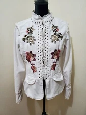 San Joy Women Embroidered Floral Jacket Ruffles Studded BOHO  Made in Taiwan L