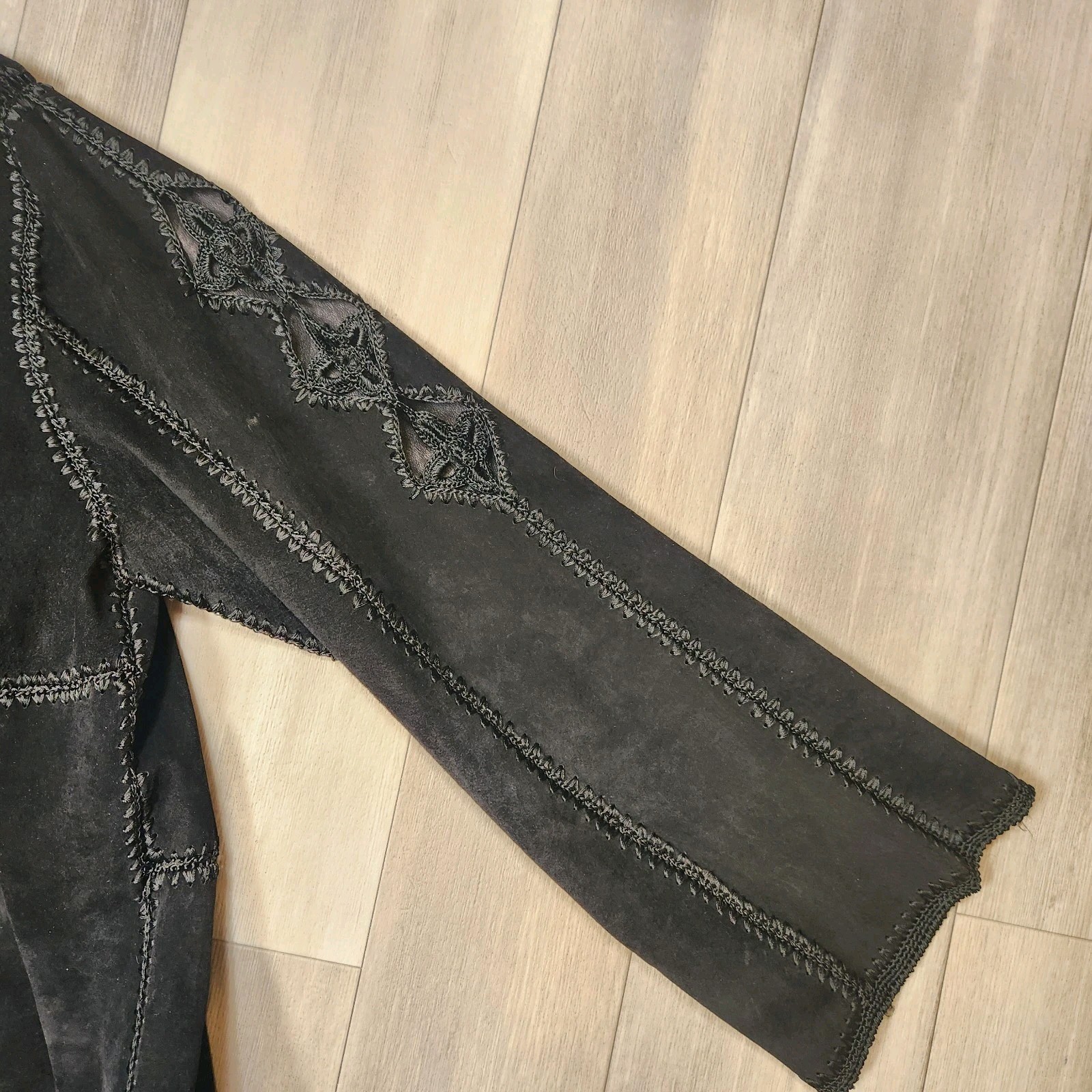 Adrienne Landau cardigan women's M black suede crochet jacket boho folk artsy