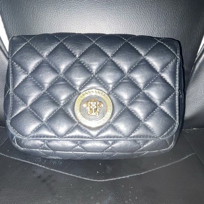 Versace Black Quilted Medusa Shoulder Bag Chain Strap Gold Hardware Small