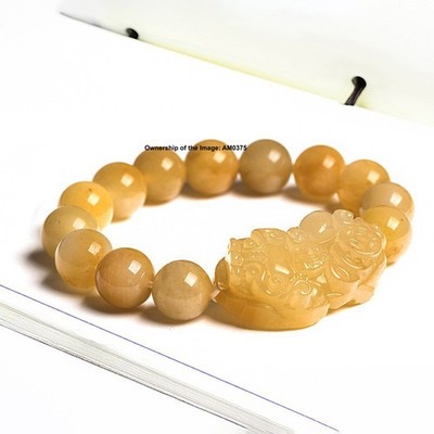 Natürliche Klasse A Jade 13 mm gelbe chinesische Jade Perlen und Pixiu Armband 16-18 cm