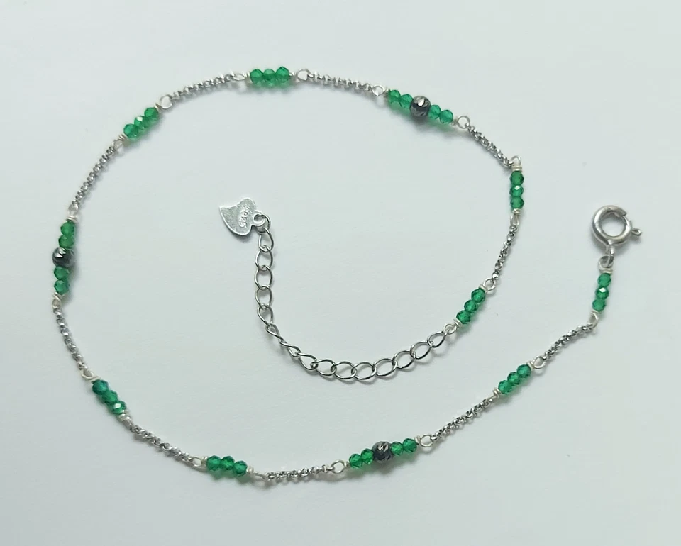 cavigliera argento 925 con cubic zirconia verdi e sfere di argento brunito - Immagine 4 di 4