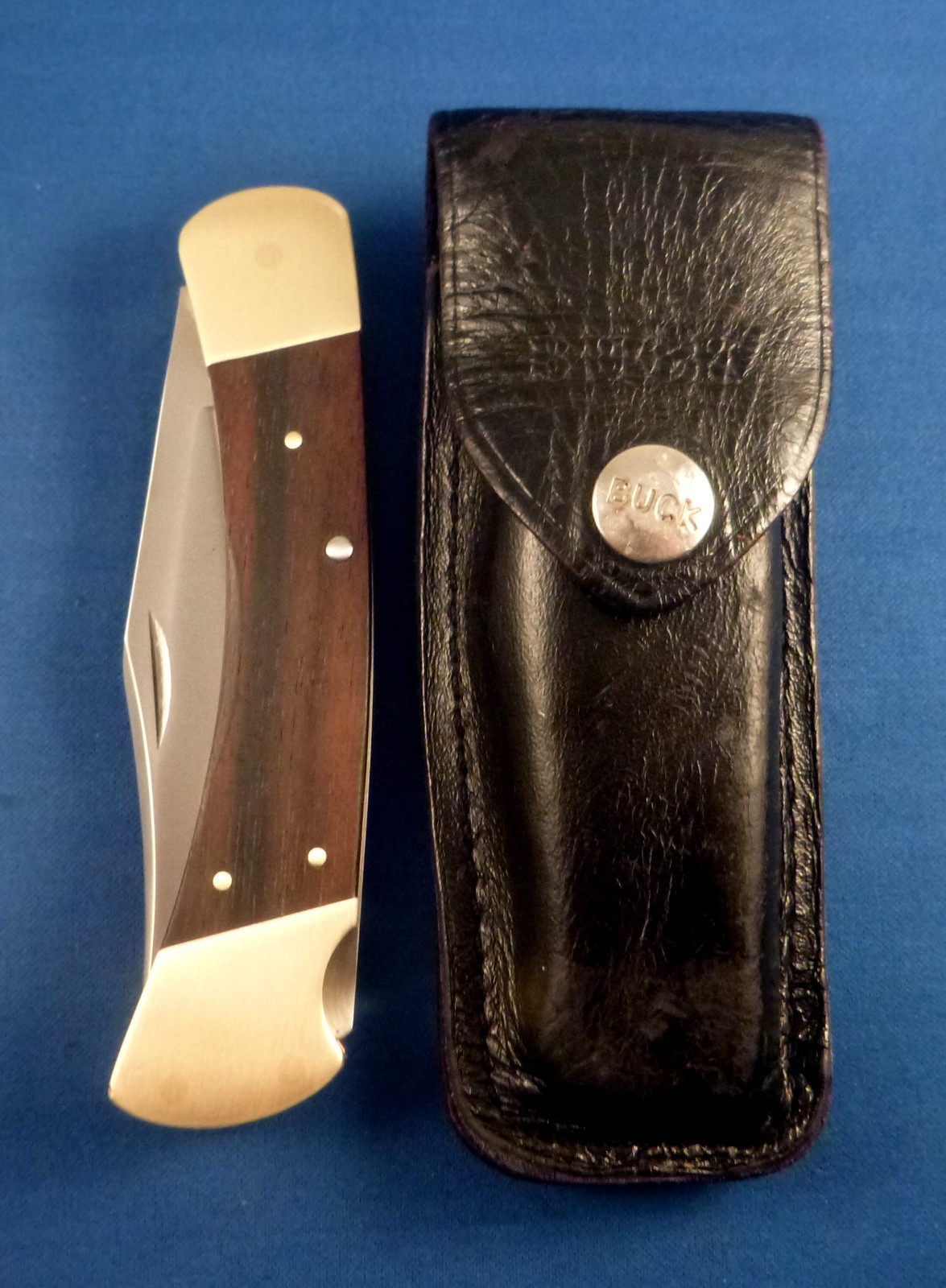 VTG BUCK 110 2 dot 1970s folding Hunter Pocket Knife USA, w Buck leather sheath