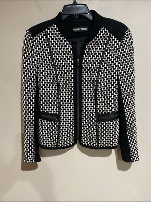 Gerry Weber Blazer Jacket Womens Sz 8 Black White Geometric Design Zip Up
