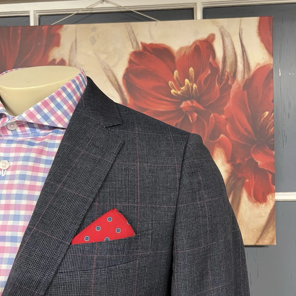 J. Crew Suit Mens 40R Slim Fit Wool Linen Pants 34x34 Tapered Leg Navy/Red Plaid - Image 4 of 4