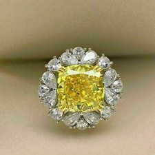 4Ct Cushion Lab Created Citrine Halo Wedding Ring 14K White Gold Plated Silver