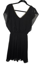 Vintage Love Black Chiffon Dress Gold Trim Keyhole Back Elastic Waist M France