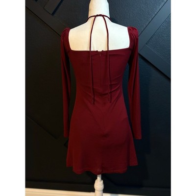 Princess Polly Maroon Long Sleeve Mini Dress Ruched Tie Front Size 4 #0481