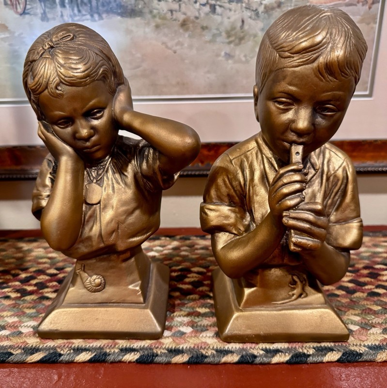 ESCO Kids Figurine Pair Set of 2 Gold Metallic Metal Boy & Girl Music Theme