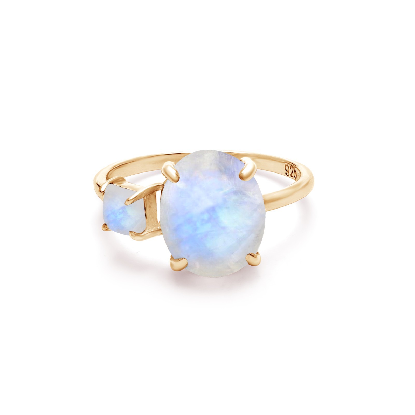 Rainbow Moonstone Gemstone Ring Fine 925 Silver Gold Plated Handmade Prong Set