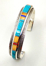 Turquoise Coral Inlay Bracelet Sterling Silver Tufa Cast Bitsoi Russell Navajo