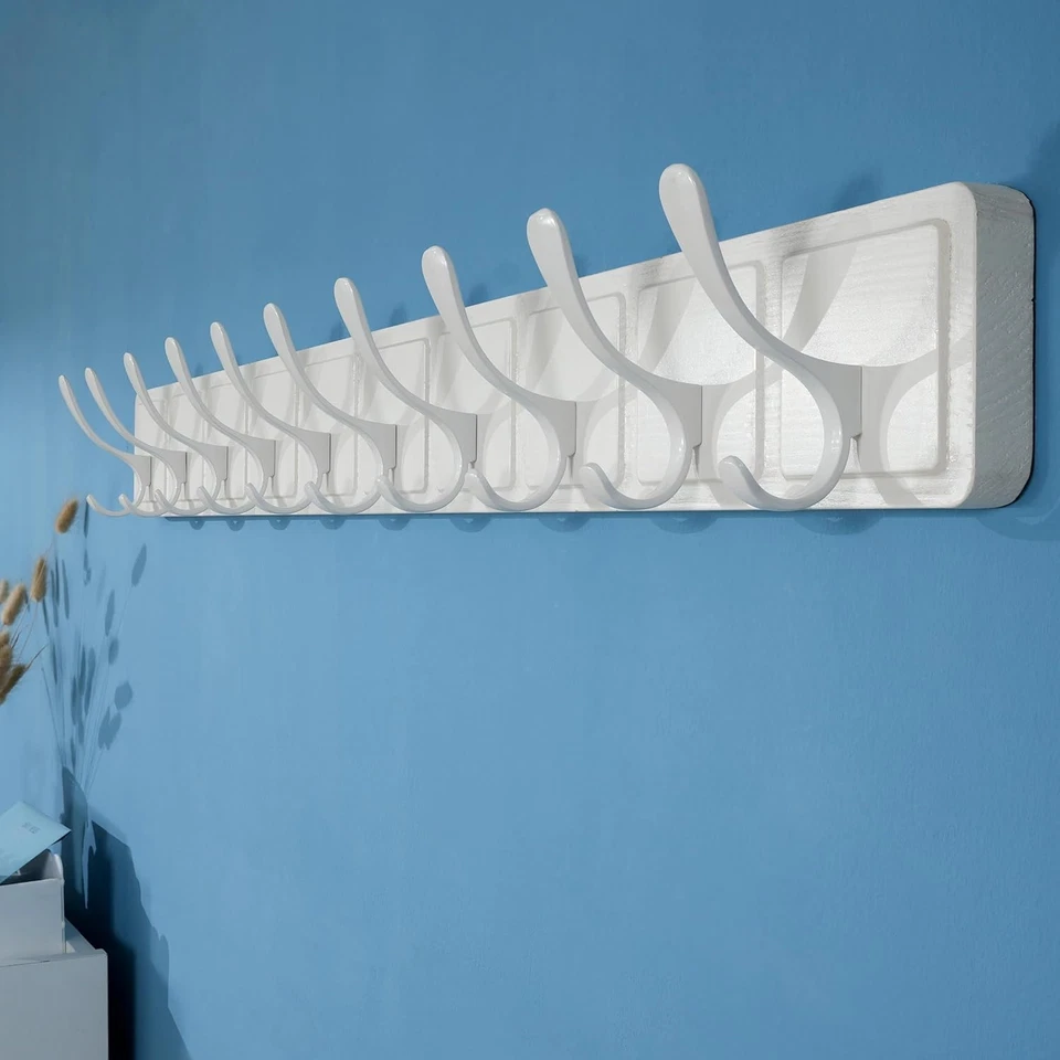 Scandi Wall Coat Rack 10 Hooks | White Wooden Hanger for Coats Hats Scarves - Image 3 of 4