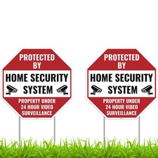 2PC 24 Home Security Signs with Stakes, 13"x13" - Corrugated Plastic - Protec...