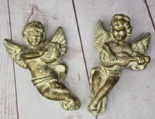 Vintage Set of Gold Plaster Cherub Mexico Wall Hanging Harp Guitar @ 7.75" long