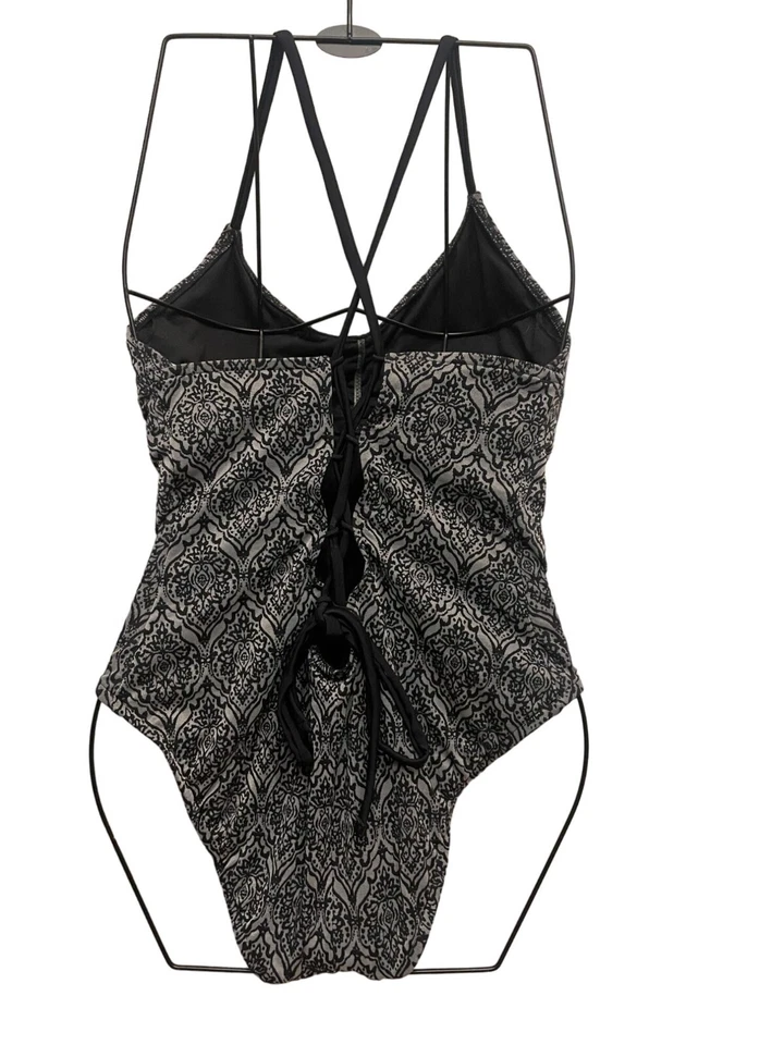 ladies Swimsuit XL Jacquard Damask Grey Black ruched beach swim ladder back - Image 4 of 4