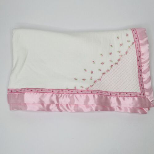 Carter's Baby Girl Blanket White With Pink Satin Trim With Floral Rosebuds
