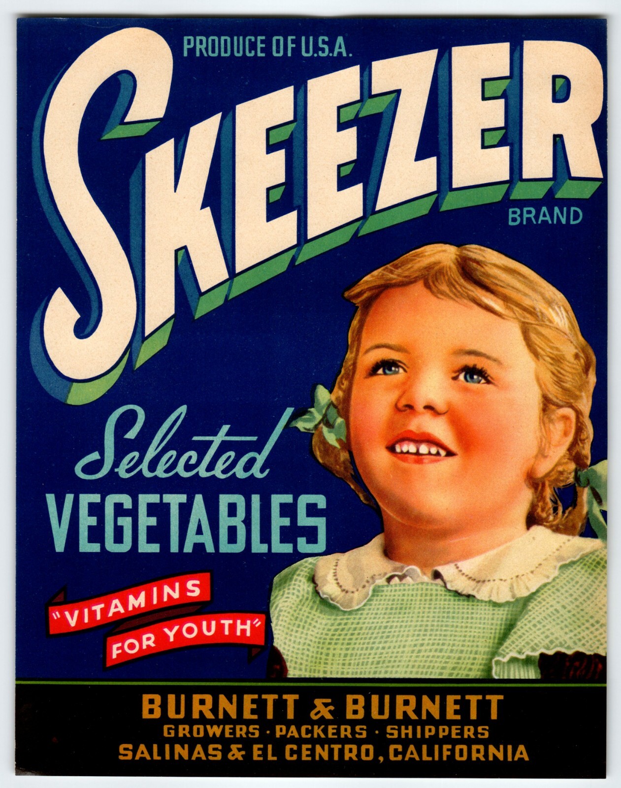 Skeezer Vegetables Crate Label Cute Little Girl Pigtails 1940s Vintage Original