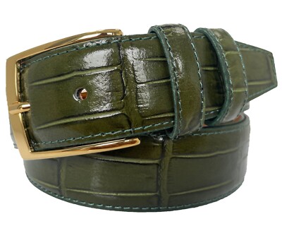 HERREN ITALIENISCHER LEDER GÜRTEL GRÜN KROKODIL GOLD SCHNALLE S M L XL XXL 35MM