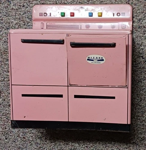 VTG 1950's Wolverine Pink Tin Metal Toy Litho Stove Oven 12"H x 5 1/2"W x 11"L