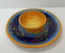 Spanish Ceramica El Avion Chip And Dip Plate Embossed Yellow Blue Fiesta Dish