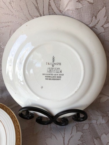 4 VTG AMERICAN LIMOGES SEBRING POTTERY 'VERMILLION ROSE' 6.5" PLATES 22K GLD TRM - Picture 3 of 4