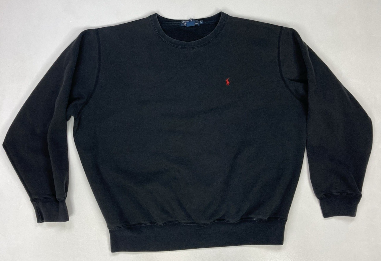 VINTAGE Polo Ralph Lauren felpa girocollo uomo grande nero pony rosso anni 90
