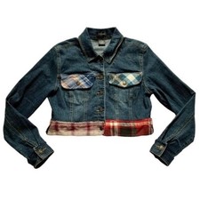Rebuilt Custom Denim Jacket Medium Cropped Recycled Flannel Trim Handmade Ooak