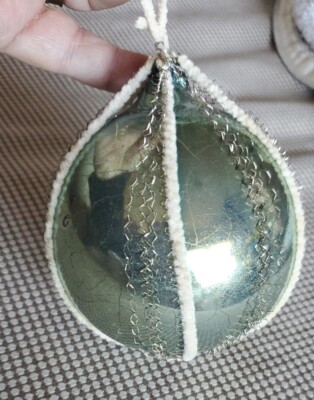 Antique Vntg Christmas Ornament Blown Glass Crinkle Wire & Chenille Aqua Germany