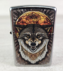 Zippo Lighter Casino Wolf Howling Moon Design Chrome Finish Made in USA K18 A19