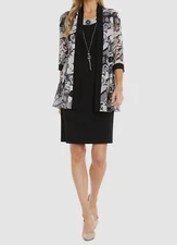 R&M Richards Women's Black Floral 2 Piece Jacket Necklace Dress Set Size 12