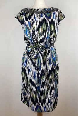 Clements Ribeiro Satin Shift Dress Sleeveless Belted Tunic Beaded Neck Medium 12