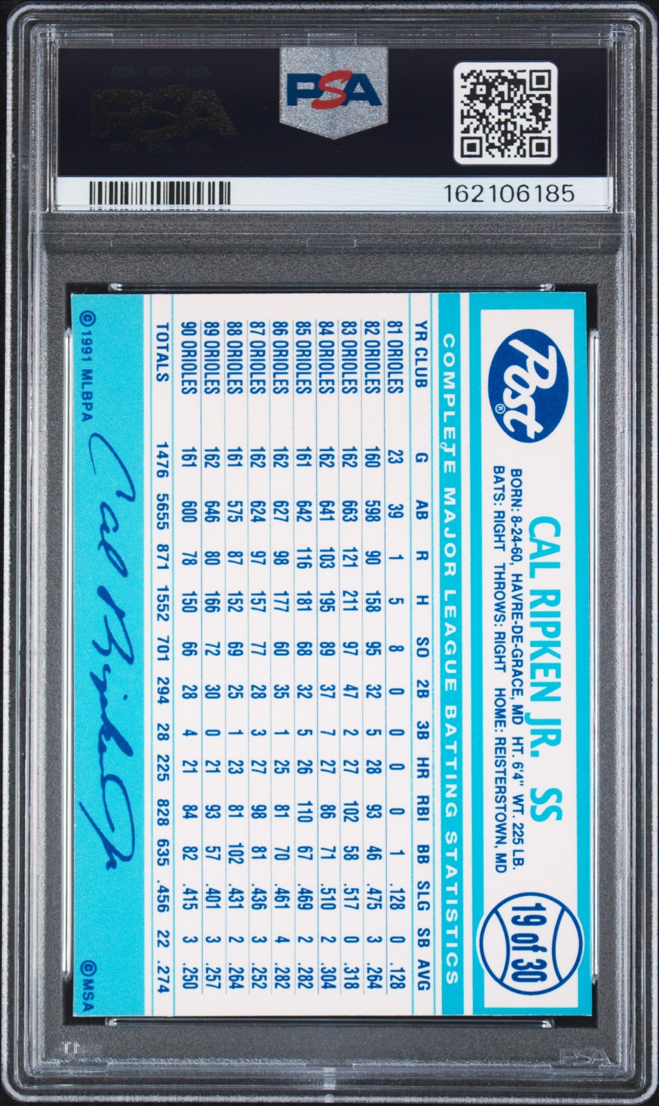 1991 POST CEREAL #19 CAL RIPKEN JR. PSA 9 view 2