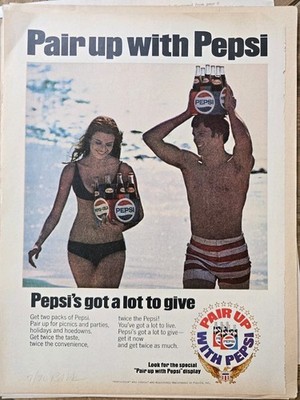 1970 Pair Up with Cartons Pepsi Cola Soda girl boy swimsuits beach vintage ad