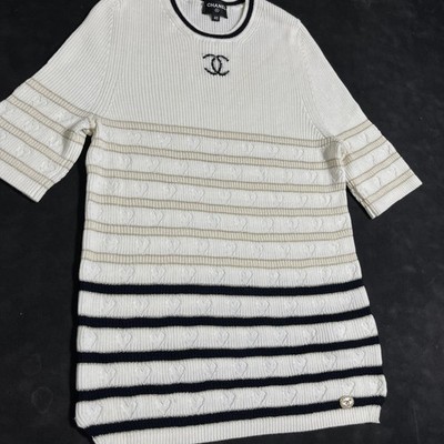 Chanel Sweater Womens 40 White Stripe Heart Logo Cashmere Crewneck