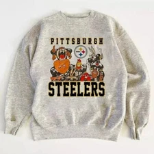 Vtg Pittsburgh Steelers Looney Tunes NFL Graphic Ash Unisex Sweatshirt KH18093