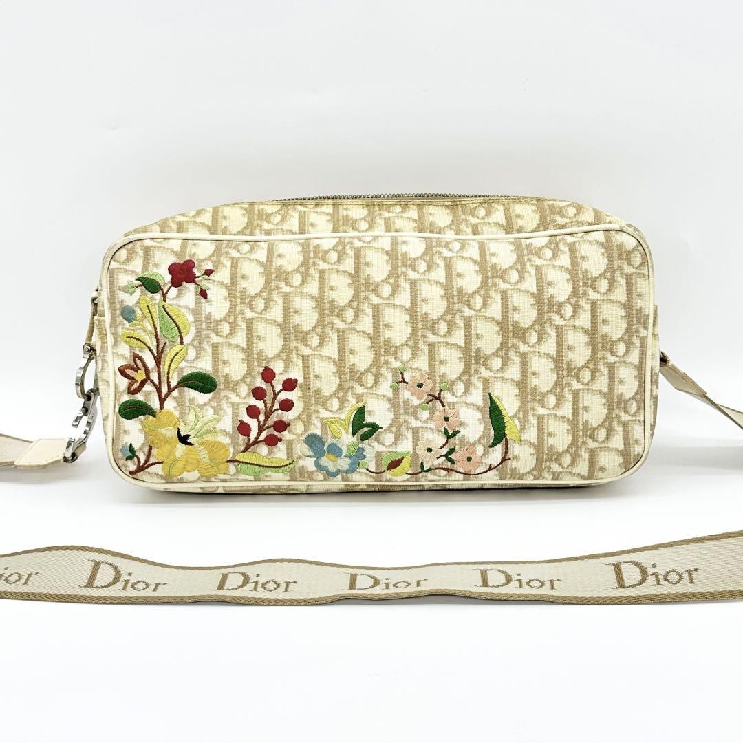 DIOR 花柄刺繍　ショルダーバッグ　ベージュ Dior Christian Shoulder Bag Trotter Embroidery Flower Ivory Beige
